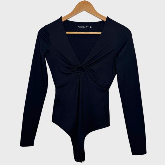 Abercrombie Bodysuit XS Black Soft Keyhole Long Sleeve O-Ring V-Neck Minimalist - Picture 1 of 5